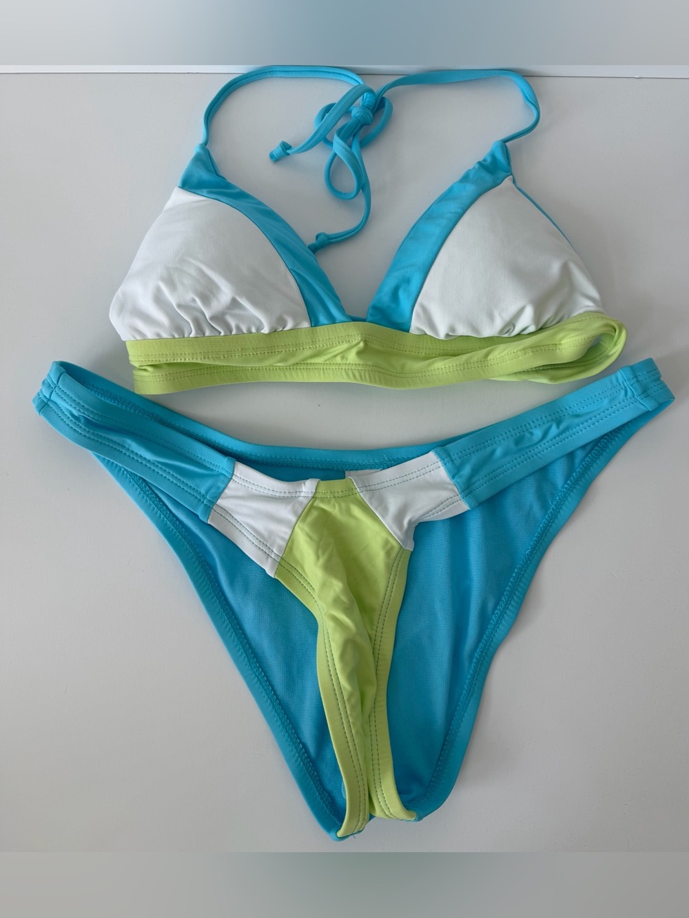 VYB Colorblock Triangle Bikini Set Blue White Lime Green, Size S Top/M Bottom